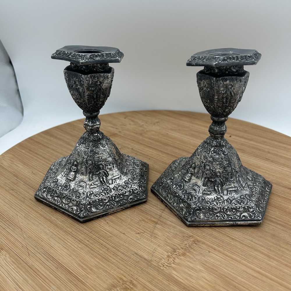 VINTAGE JB JENNINGS BROTHERS CANDLE HOLDER Set ART NOUVEAU PASTORAL SCENE MARKED